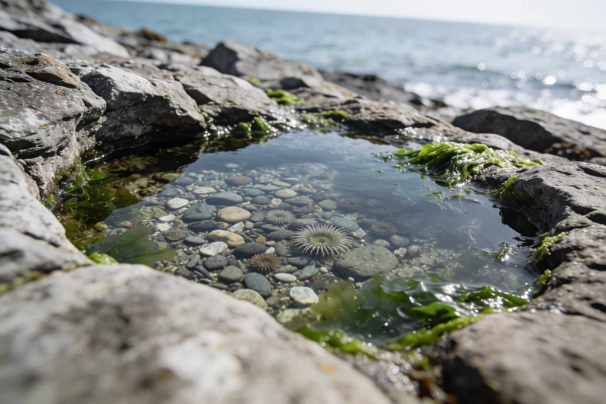 A clear rock pool at low tide with pebbles, small anemones and green weed, the open sea beyond