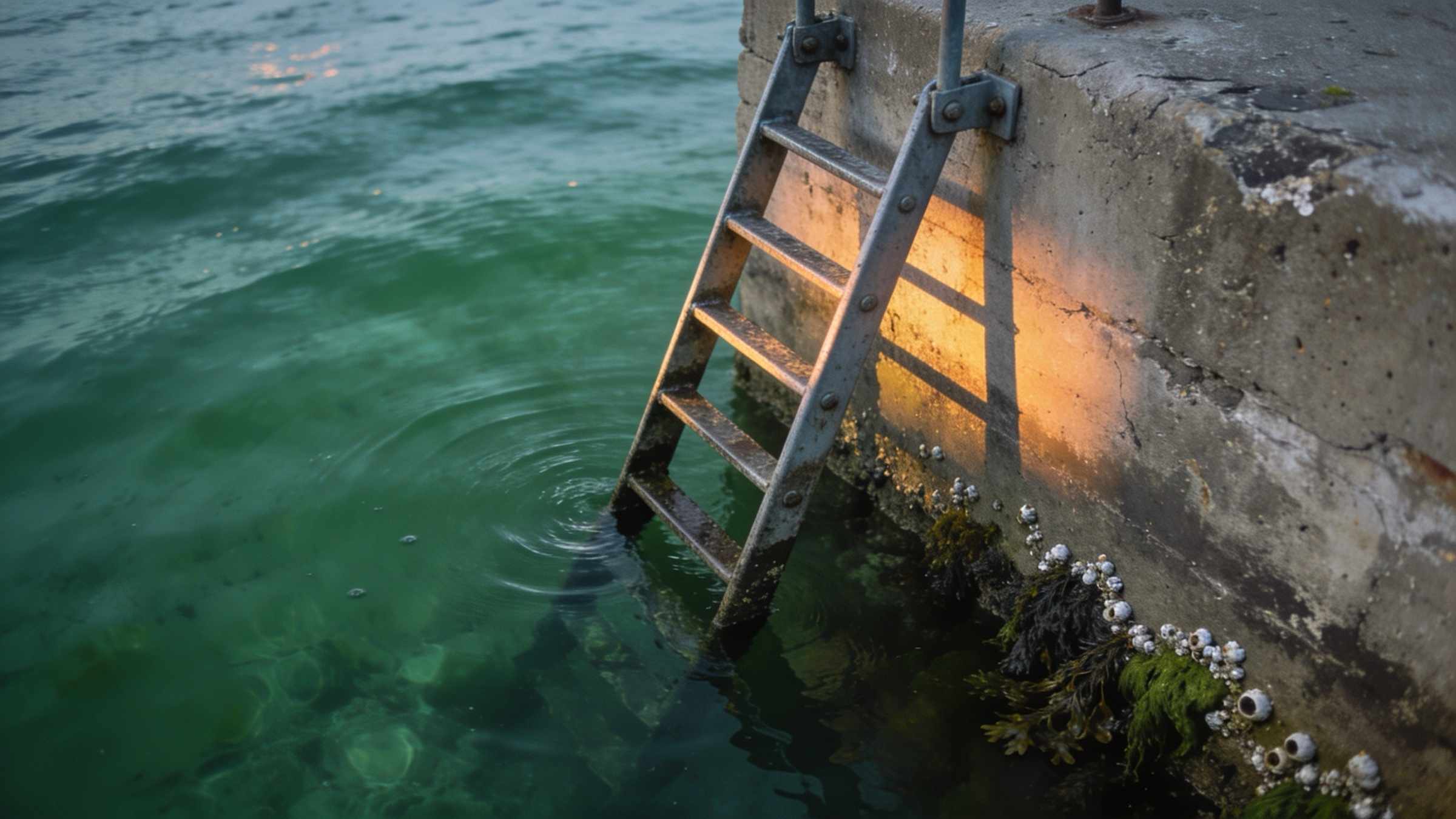 An old steel ladder on a concrete harbour wall leading down into clear green water in the evening light